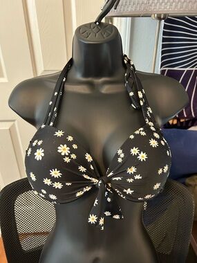 California Waves Black Floral Trim Bikini Top